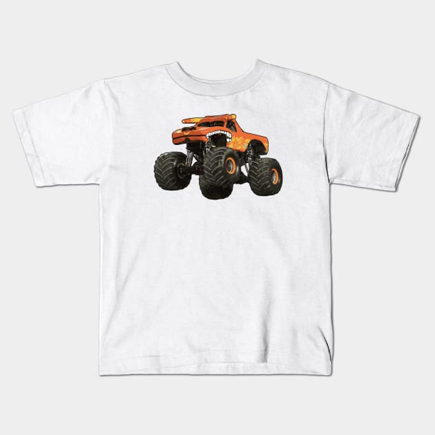 Orange Monster Truck Illustration Kids T-Shirt by KAM Std